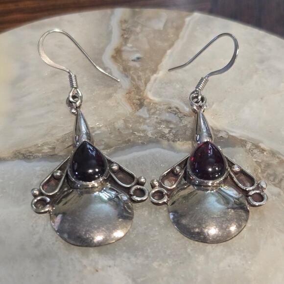 Vintage Sterling Silver Garnet Drop Dangle Earrings - Picture 3 of 12